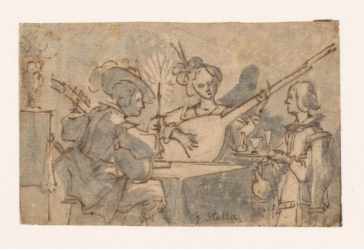 Musicerend gezelschap bij kaarslicht by Jacques Stella, drawing, 1606-1657