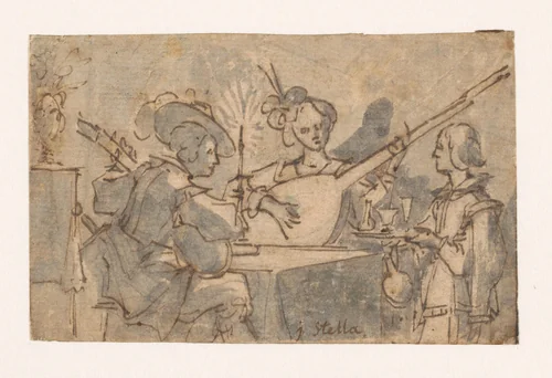 Musicerend gezelschap bij kaarslicht by Jacques Stella, drawing, 1606-1657