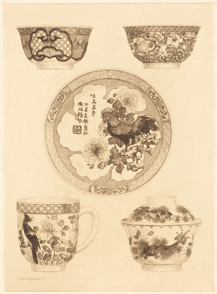 Five Pieces of China by Jules Ferdinand Jacquemart, print, 1837-1880