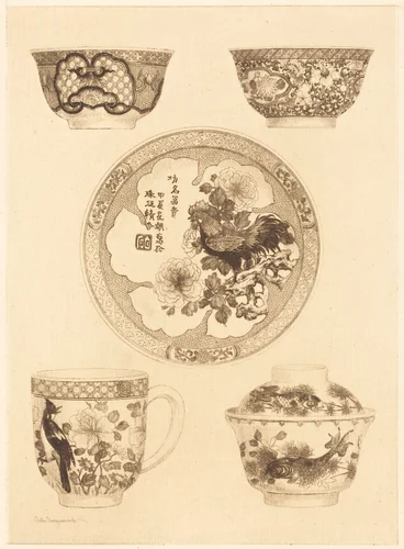 Five Pieces of China by Jules Ferdinand Jacquemart, print, 1837-1880