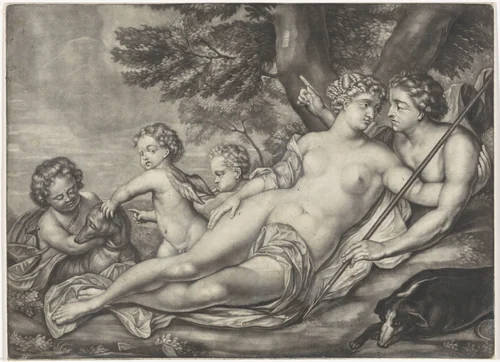 Venus weerhoudt Adonis van de jacht by anonymous, print, 1662-1726