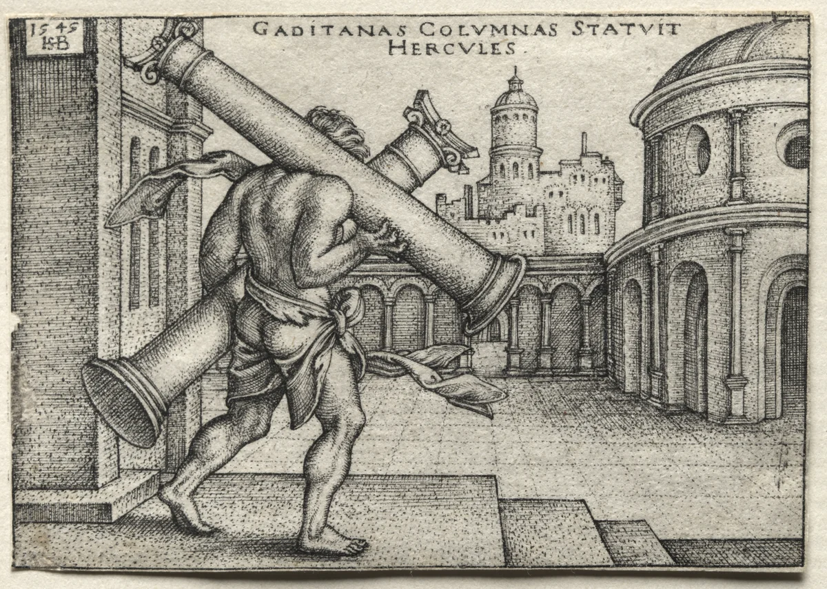 The Labors of Hercules: Hercules Carrying the Columns of Gades by Hans Sebald Beham, print, 1545