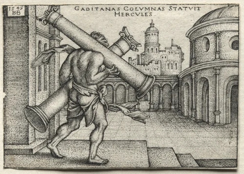 The Labors of Hercules: Hercules Carrying the Columns of Gades by Hans Sebald Beham, print, 1545