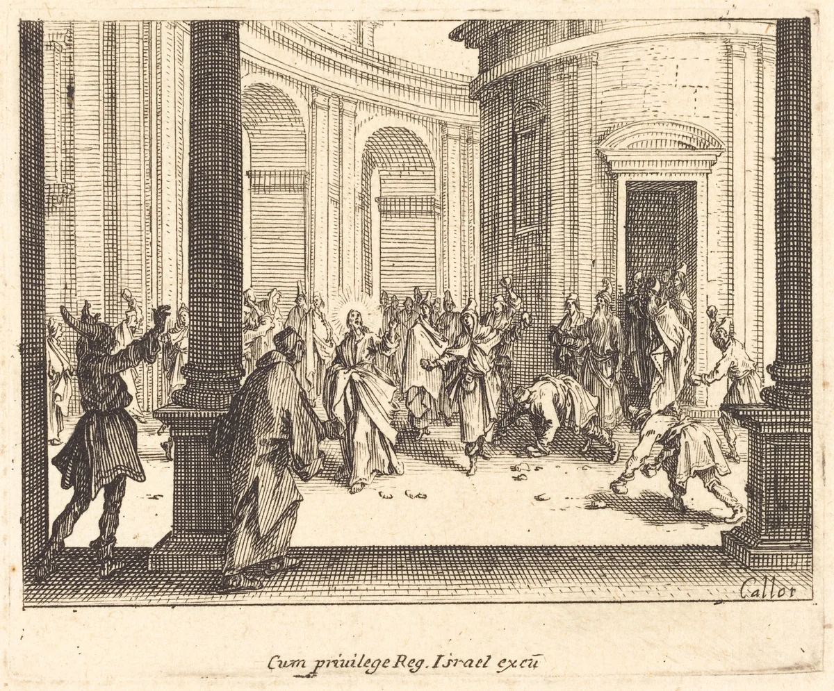 Stoning of Jesus by Jacques Callot, print, 1635