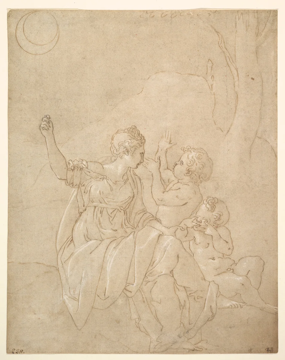 Classical Female Figure (Diana or Venus) with Two Infants by Francesco Primaticcio, drawing, 1534-1547