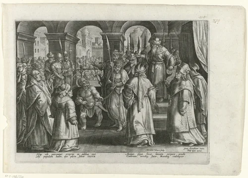 Pilatus verklaart Christus onschuldig by Unknown, print, 1585-1586