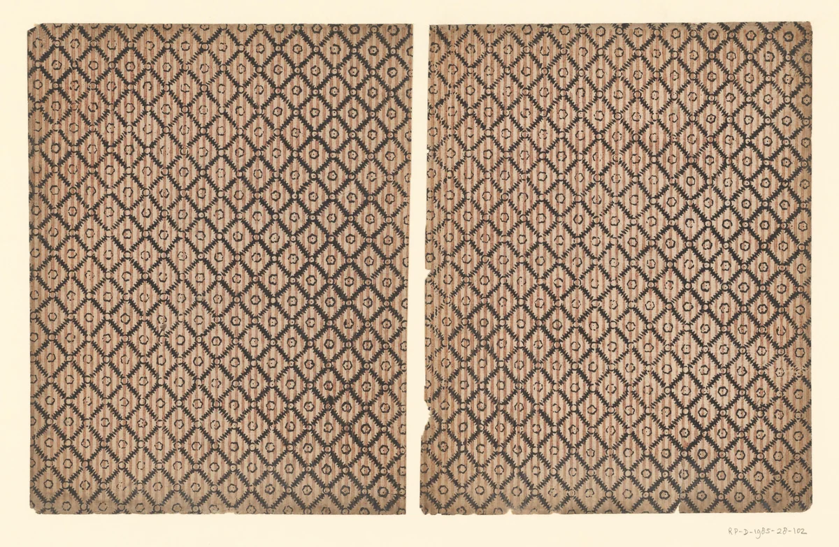 Twee bladen met ruitenpatroon met rozet als veldvulling op een doorlopend lijnenfond by anonymous, other, 1750-1900