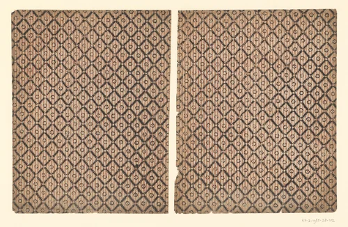 Twee bladen met ruitenpatroon met rozet als veldvulling op een doorlopend lijnenfond by anonymous, other, 1750-1900