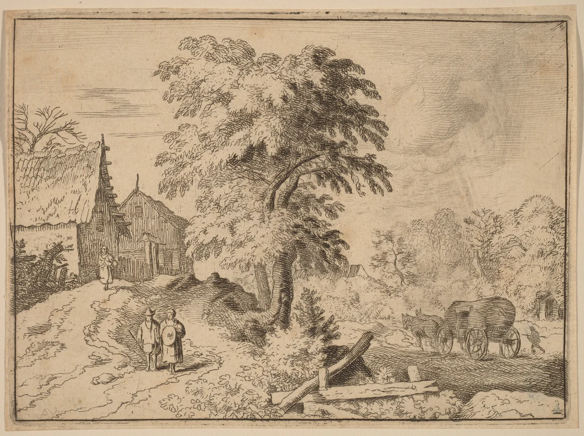 Cart with Two Draft Horses by Allart van Everdingen, print, 1645-1656