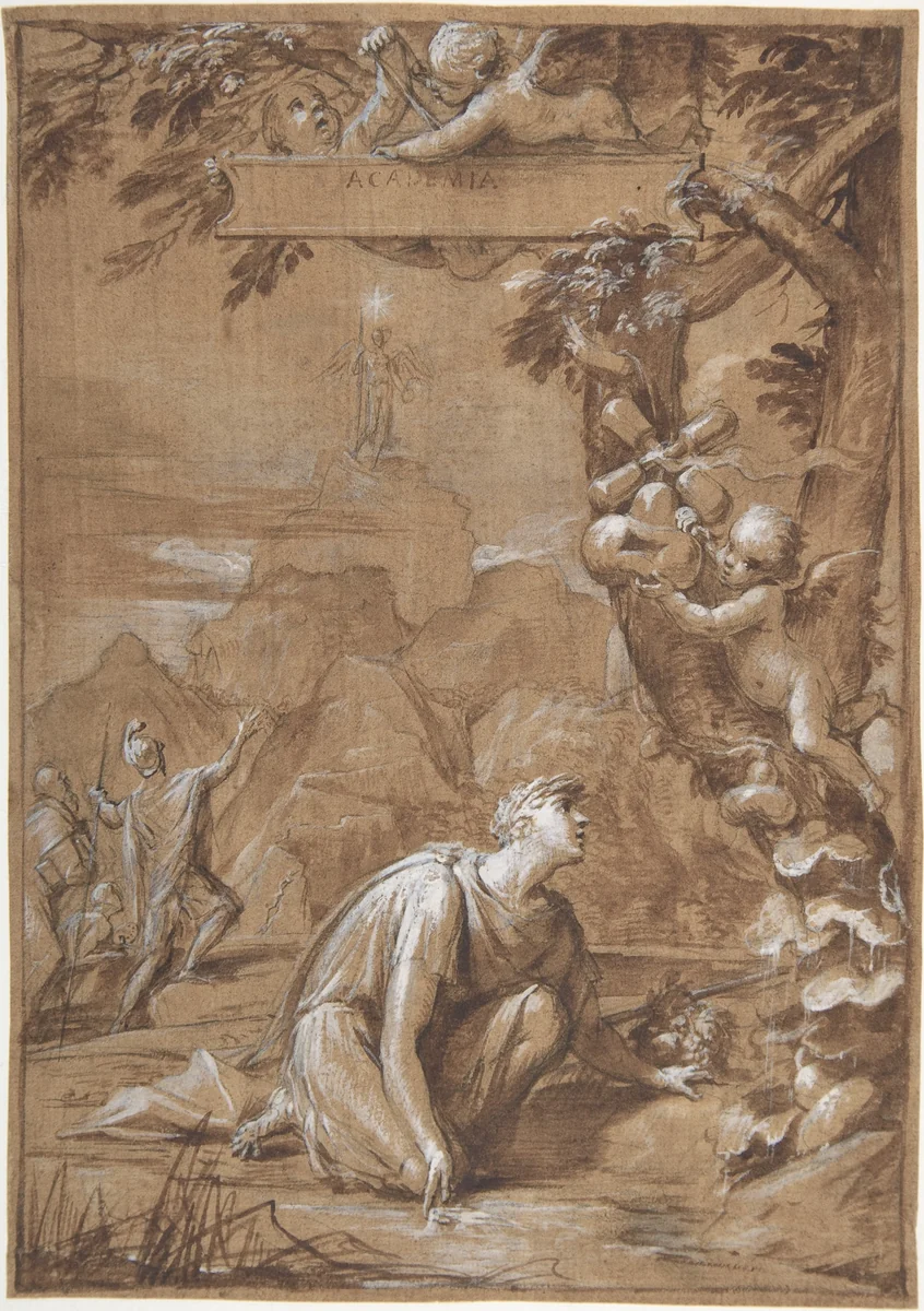 Design for a Frontispiece; Allegorical Composition with a Young Man Kneeling before a Tree by Giovanni Angelo Canini, drawing, 1615-1666