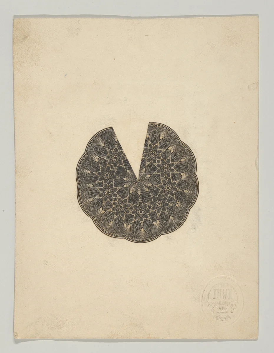 Banknote motifs: circular lobed lathe work design, its interior composed of repeated stars, missing a pie shaped wedge (recto); Two pie-shaped wedges of lathe work ornament resembling cut glass (verso) by Cyrus Durand, print, 1819-1847