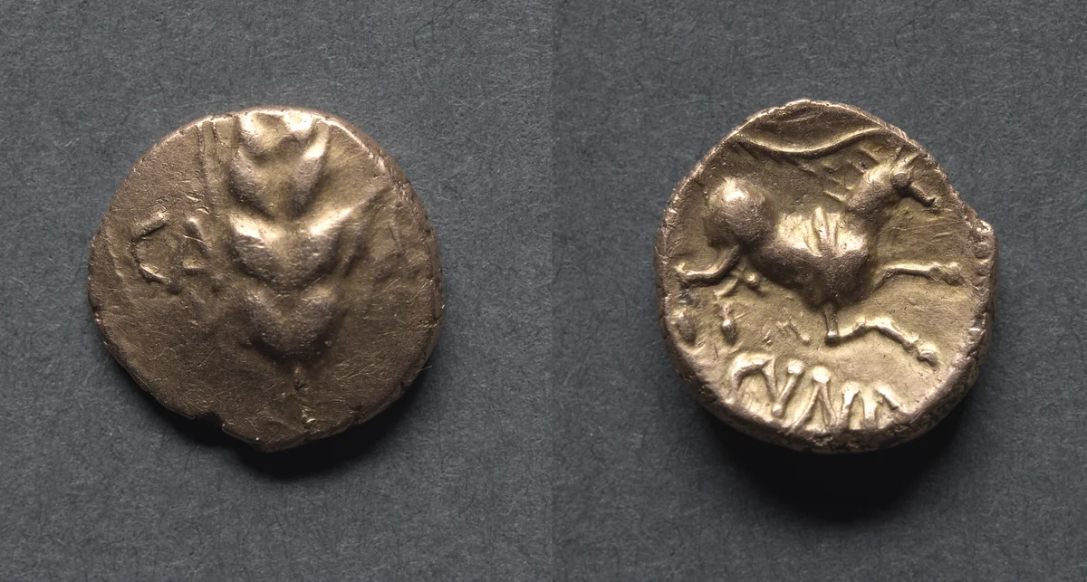 Cunobeline Quarter Stater: Corn (obverse); Horse and Branch (reverse) by Unknown, metalwork, 5-45