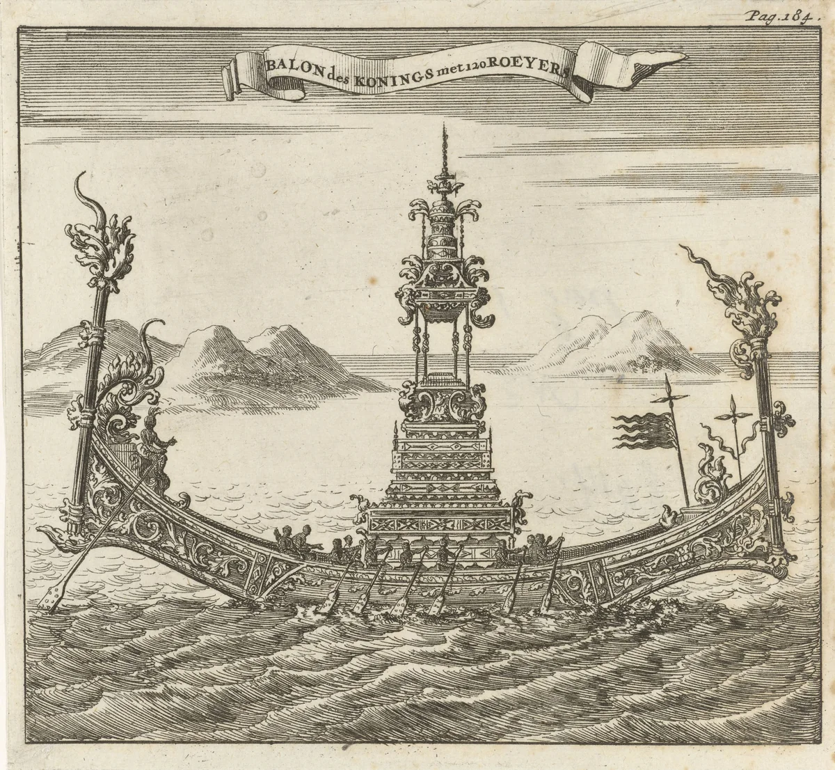 Koninklijk vaartuig met 120 roeiers te Siam (Thailand) by Jan Luyken, print, 1687