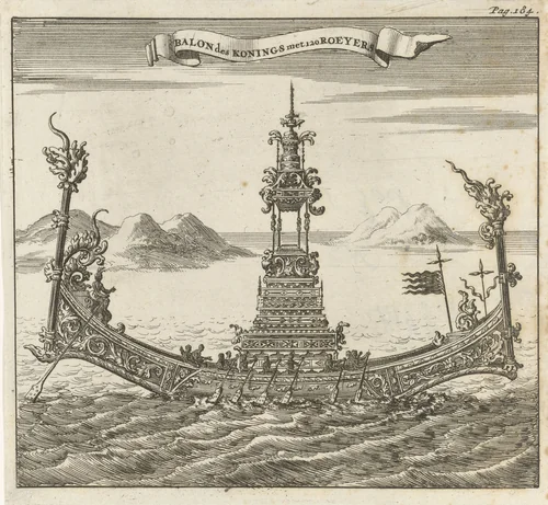 Koninklijk vaartuig met 120 roeiers te Siam (Thailand) by Jan Luyken, print, 1687