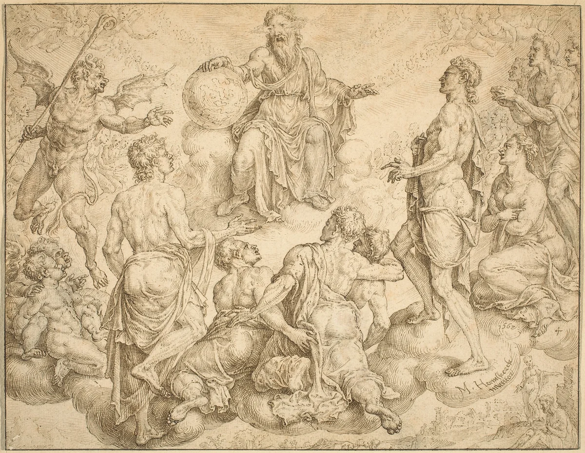 Satan Challenges God to Remove his Protection from Job by Maerten van Heemskerck, drawing, 1562