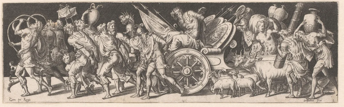 Triomftocht met gevangen genomen koning by Unknown, print, 1528-1583