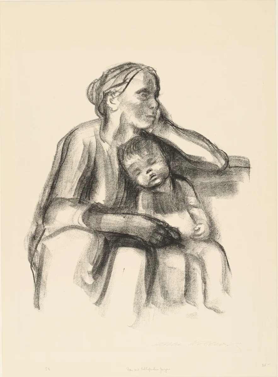Worker Woman with Sleeping Child (Arbeiterfrau mit schlafendem Jungen) by Käthe Kollwitz, print, 1927