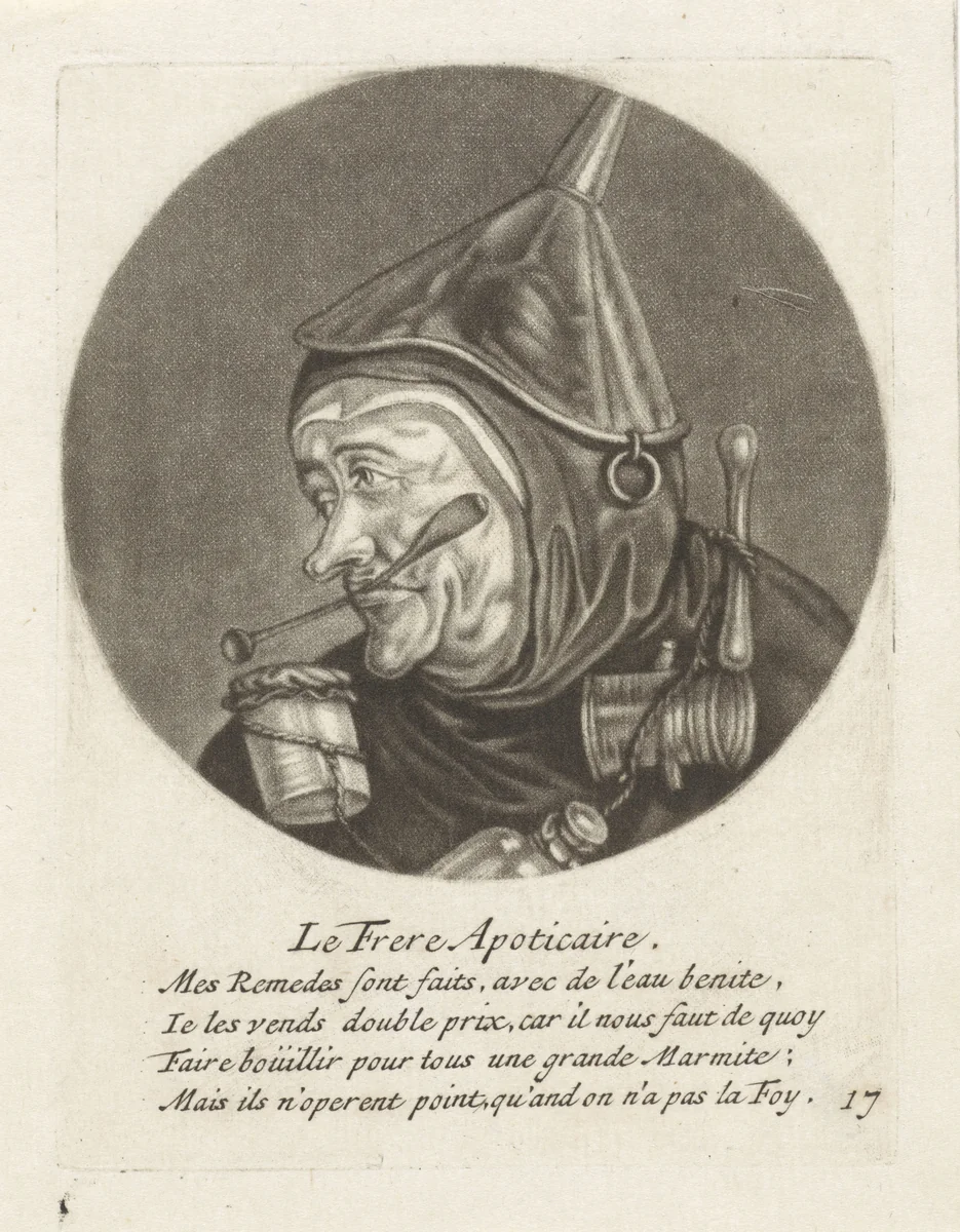 Monnik met apothekersgerei by Jacob Gole, print, 1670-1724