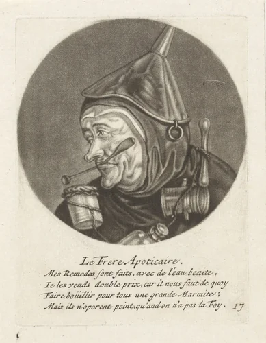 Monnik met apothekersgerei by Jacob Gole, print, 1670-1724