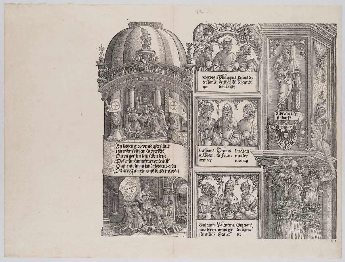 Maximilian as Founder and Protector of the Order of St. George; and Maximilian and the Knights of St. George Vowing a Crusade Against the Turks; with Portraits of Emperors and Kings (Maximilian's Forerunners), from the Arch of Honor, proof, dated 1515, printed 1517-18 by Albrecht Altdorfer, print, 1515