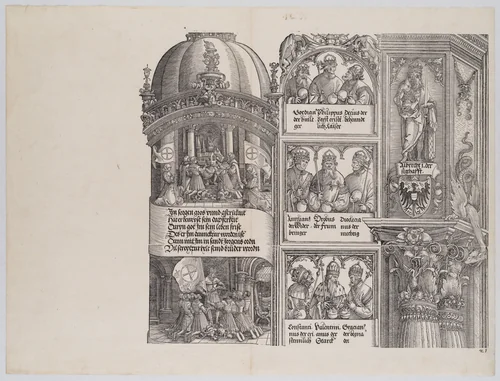 Maximilian as Founder and Protector of the Order of St. George; and Maximilian and the Knights of St. George Vowing a Crusade Against the Turks; with Portraits of Emperors and Kings (Maximilian's Forerunners), from the Arch of Honor, proof, dated 1515, printed 1517-18 by Albrecht Altdorfer, print, 1515