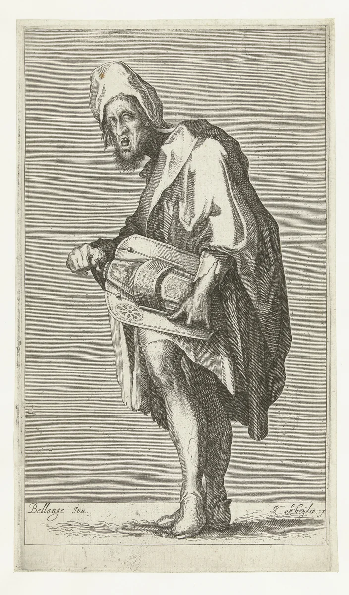 Blinde draailierspeler by Matthäus Merian, print, 1606-1650