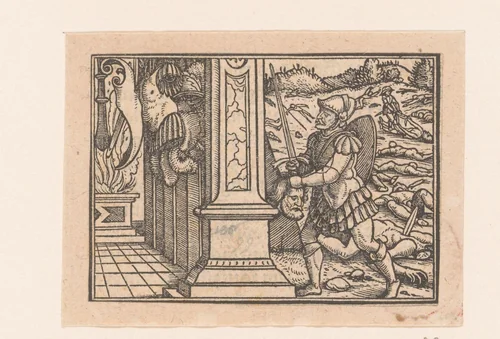 Hoofd van Saul in de tempel van de Filistijnen by anonymous, print, 1552