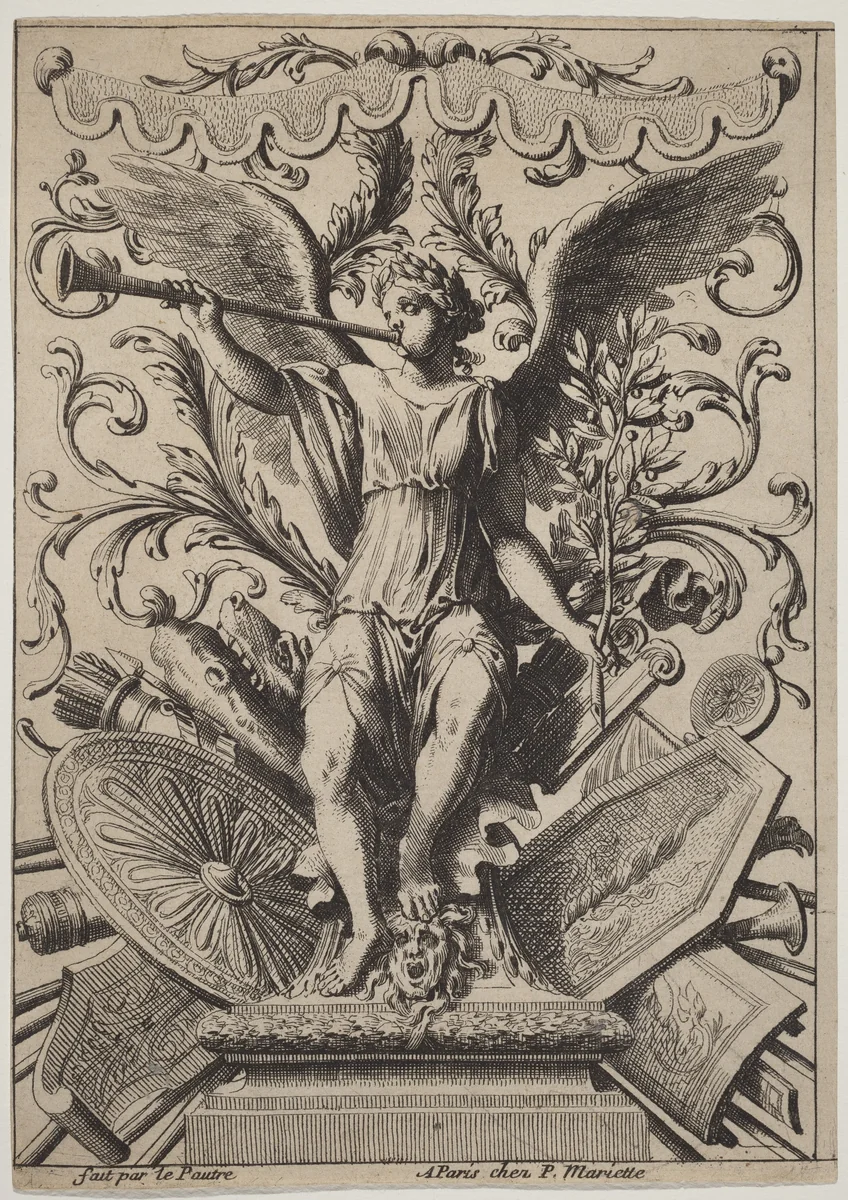 Fame on a Trophy of Arms by Jean Lepautre; Pierre Mariette II, print, 1618-1682