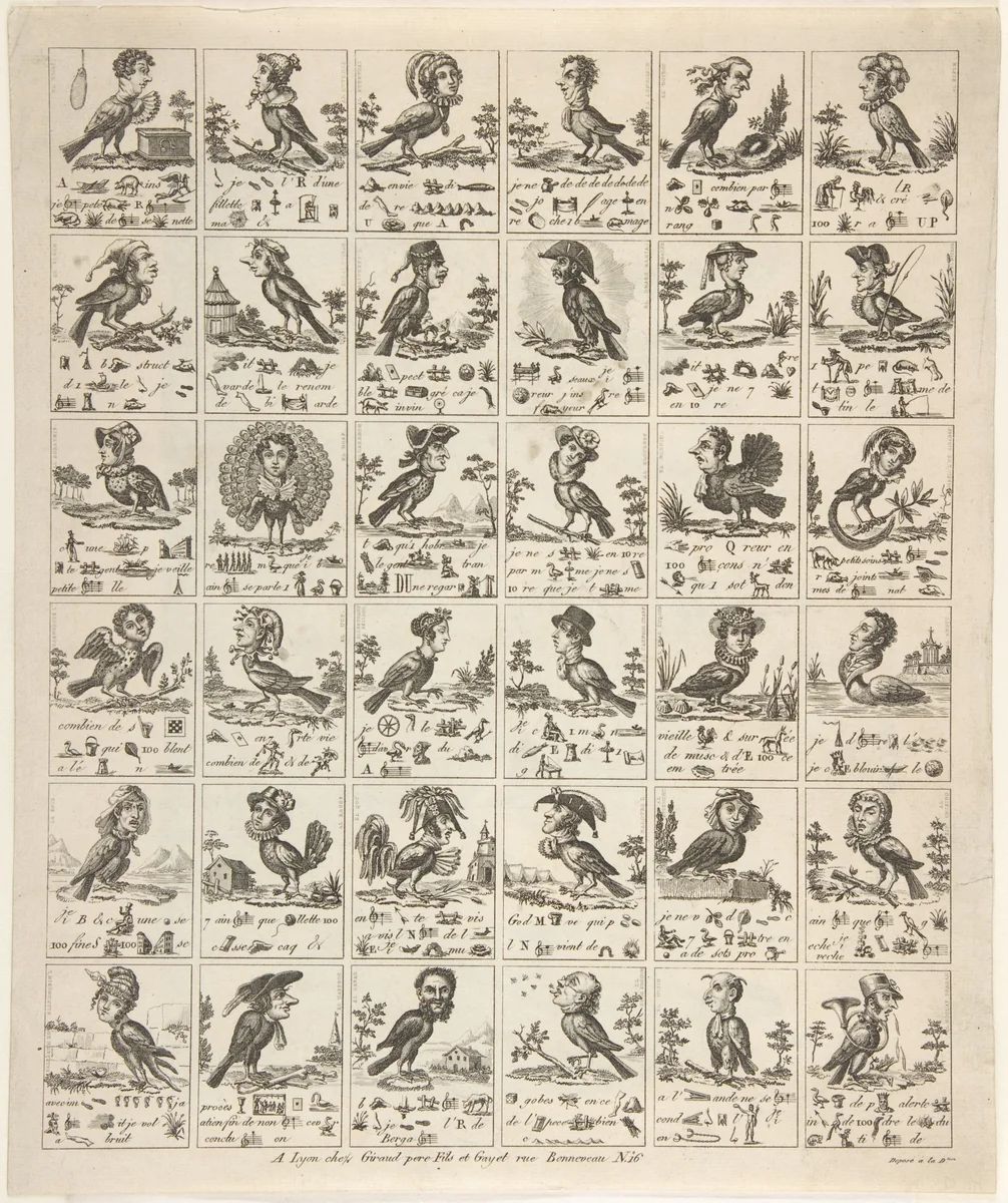 Sheet of Rebuses with Birds with Human Heads by anonymous, print, 1829-1839