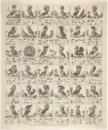 Sheet of Rebuses with Birds with Human Heads by anonymous, print, 1829-1839