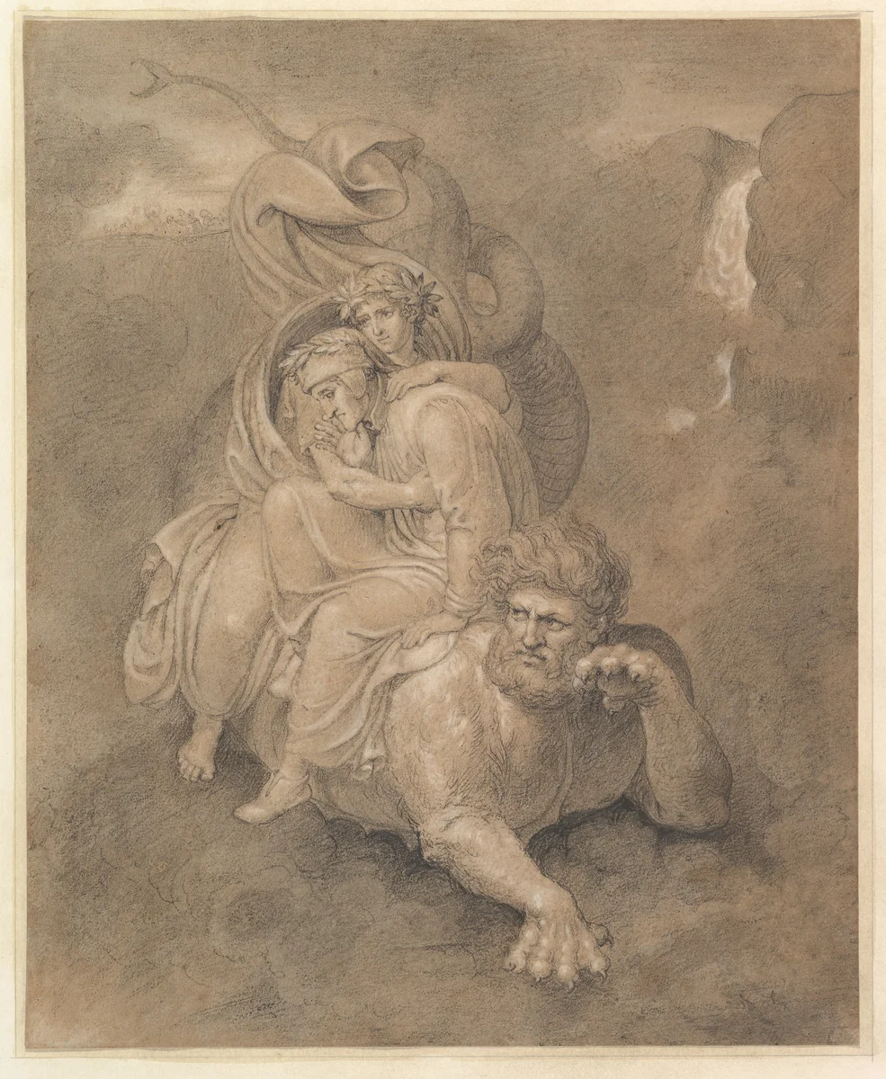 Dante and Virgil on the back of Geryon by Bertel Thorvaldsen, drawing, 1790-1844