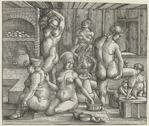 Het vrouwenbad by Hans Springinklee, print, 1496-1501