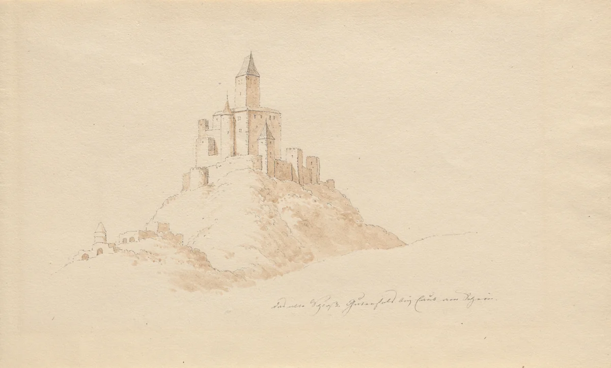 Das alte Schloss Gutenfeis bei Caub am Rhein by Karl Julius von Leypold, drawing, 1806-1874