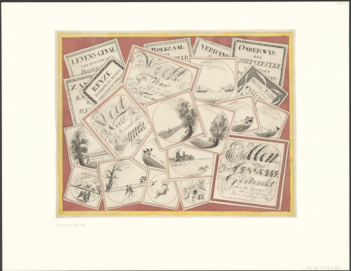 Schijnbedrieger met prenten en pennekunst met de tekst: Ellendig mensch Gedenkt aan Uw Uijtersten (...) Zondigen by anonymous, drawing, 1750-1849