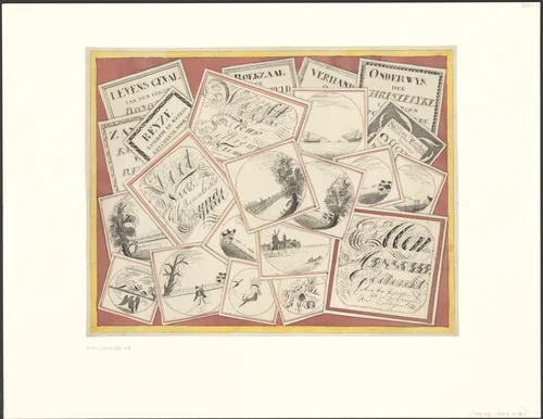 Schijnbedrieger met prenten en pennekunst met de tekst: Ellendig mensch Gedenkt aan Uw Uijtersten (...) Zondigen by anonymous, drawing, 1750-1849