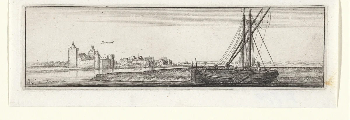 Rivierlandschap met gezicht op Ruhrort by Wenceslaus Hollar, print, 1643