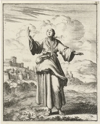 Vrouw wijzend naar de hemel by Jan Luyken, print, 1687