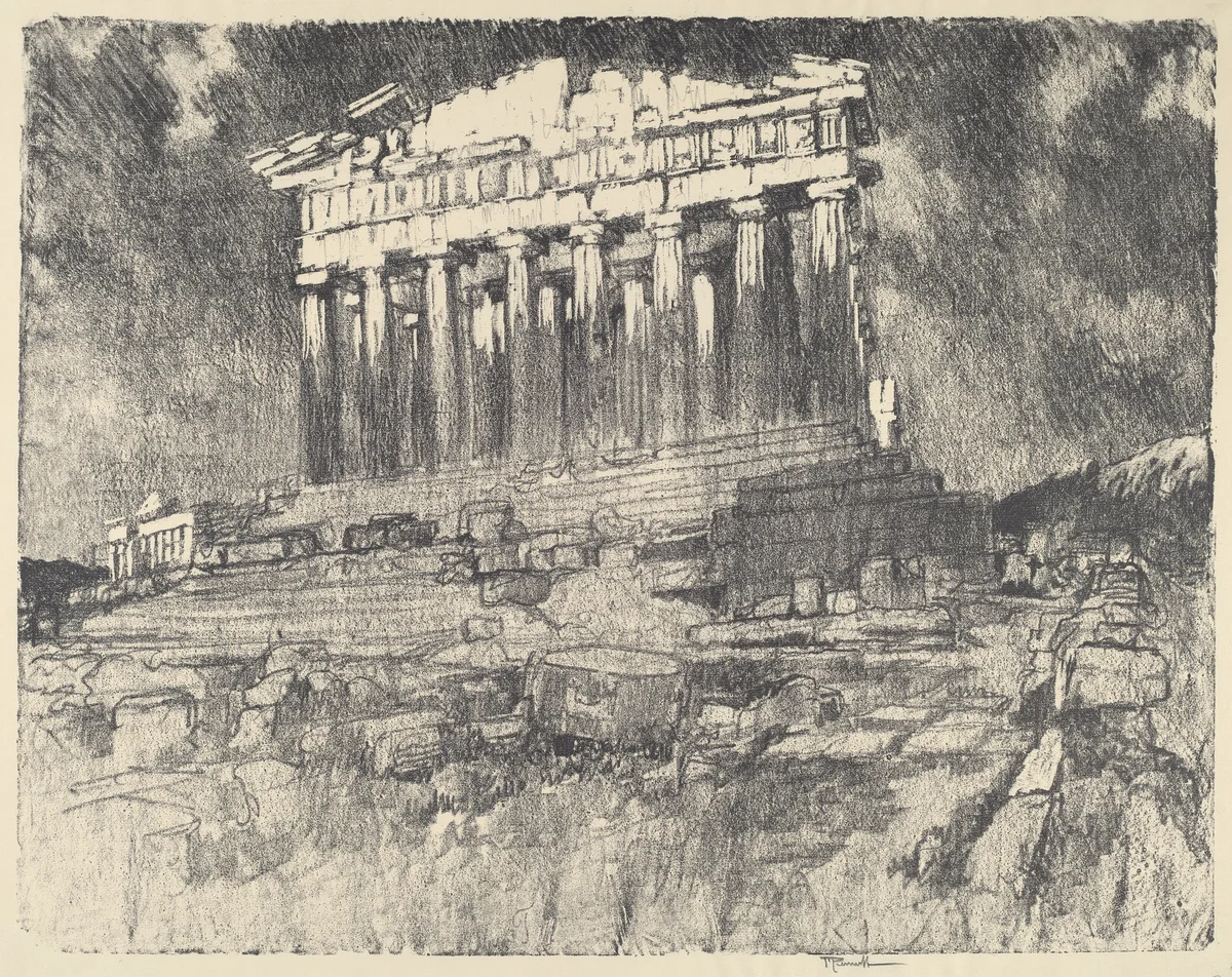 The Facade of the Parthenon, Sunset by Joseph Pennell, print, 1913