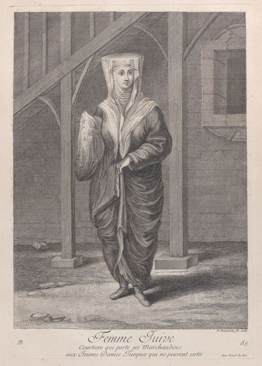 Femme Juive, Courtiere qui porte ses Marchandises aux Juenes Dames Turques qui ne peuvent sortir, plate 65 from "Recueil de cent estampes représentent differentes nations du Levant" by Jean Baptiste Vanmour, print, 1714-1715