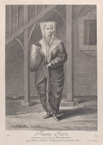 Femme Juive, Courtiere qui porte ses Marchandises aux Juenes Dames Turques qui ne peuvent sortir, plate 65 from "Recueil de cent estampes représentent differentes nations du Levant" by Jean Baptiste Vanmour, print, 1714-1715