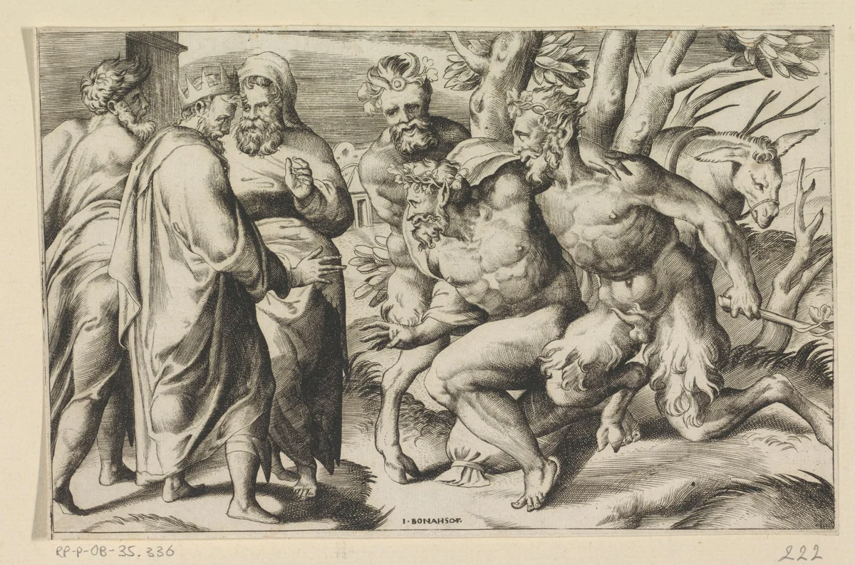 Twee saters brengen Silenus bij koning Midas by Unknown, print, 1501-1580