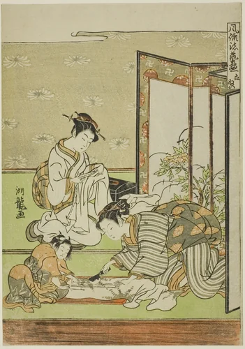 Cutting and Sewing (Tachinui), from the series "Collection of of Fashionable Accomplishments (Furyu shogei zukushi)" by Isoda Koryusai, print, 1765-1777