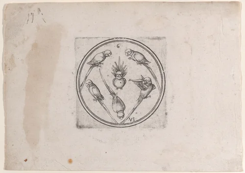The Six of Parrots, from a series of round playing cards by Master PW, print, 1495-1505