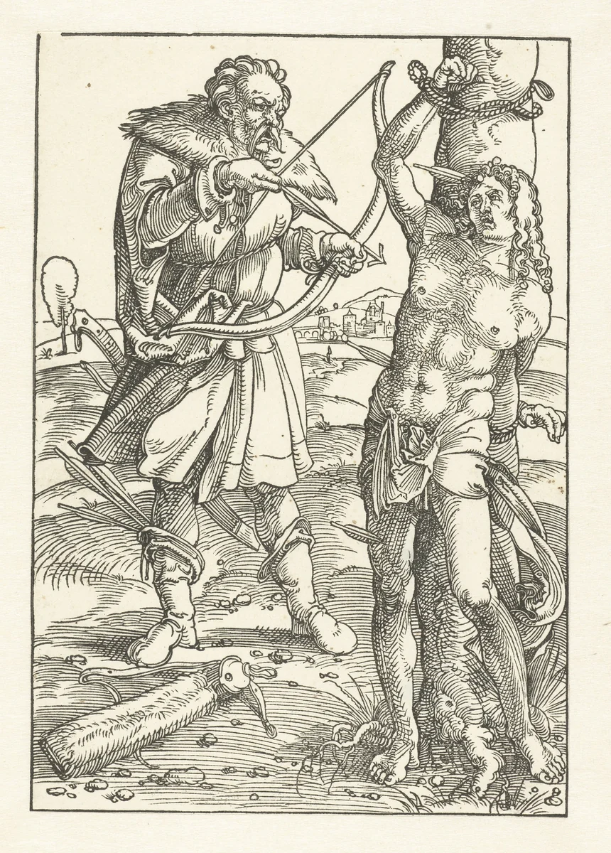 Sebastiaan wordt beschoten met pijlen door beul by Hans Baldung Grien, print, 1505-1507
