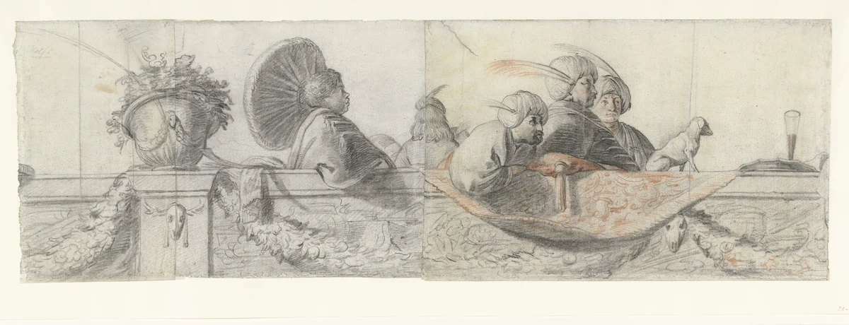 Personen op een balustrade met festoenen by Cornelis Holsteyn, drawing, 1633-1638