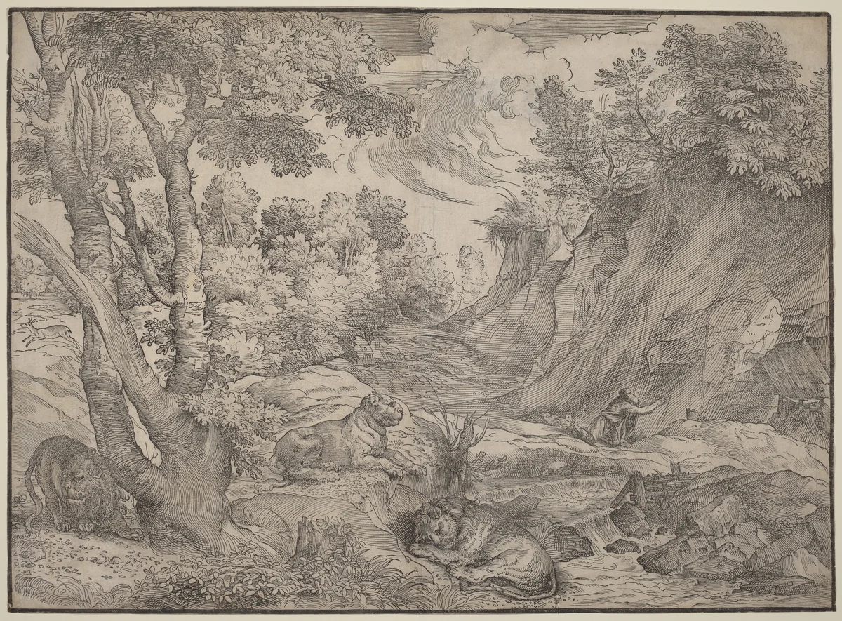 Saint Jerome in the Wilderness by Nicolò Boldrini, print, 1530