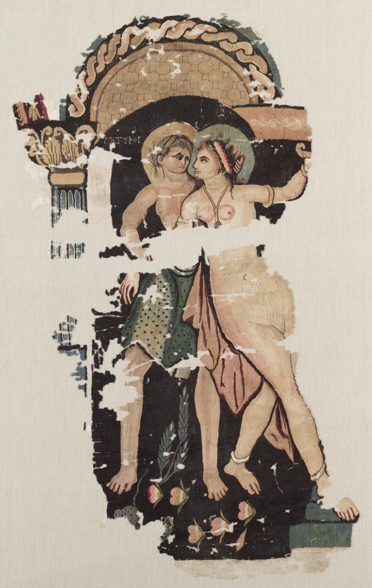 Fragment with Satyr and Maenad by Unknown, textile, 300-399