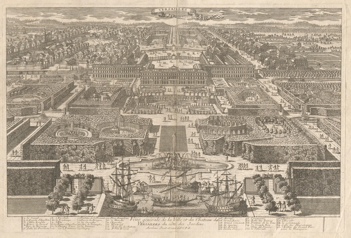 Veüe générale de la Ville et du Chateau de Versailles du côté des Jardins (View of Versailles) by Pierre Aveline, print, 1670-1680
