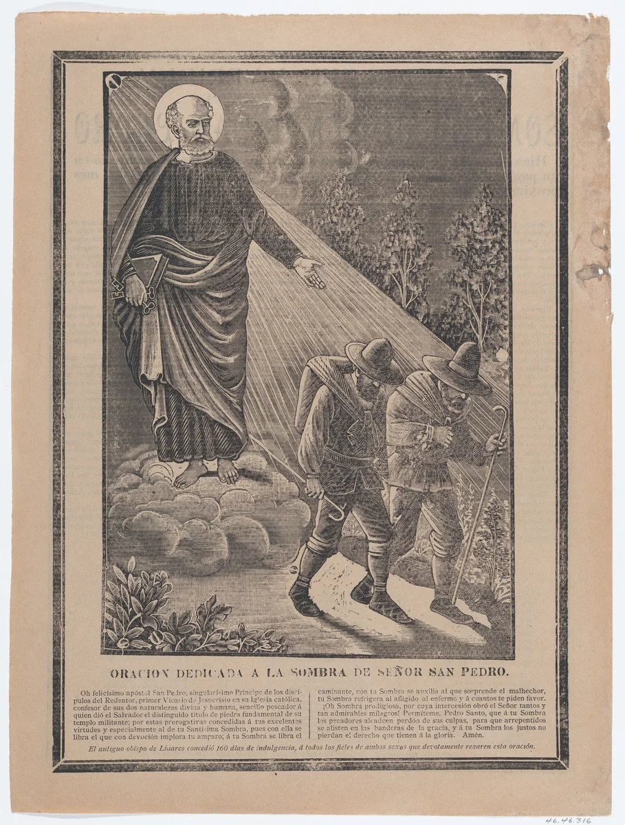 Indulgence with an image of St Peter watching over two pilgrims by José Guadalupe Posada, print, 1895-1905
