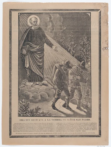 Indulgence with an image of St Peter watching over two pilgrims by José Guadalupe Posada, print, 1895-1905